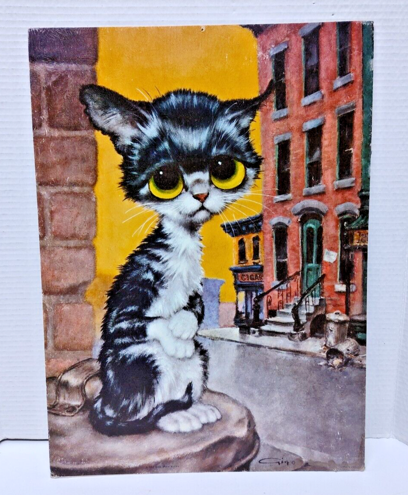 Vintage MCM 60's Big Eyes Kitty 14” X 19”. Pity Kitty Gig Litho Unframed Art