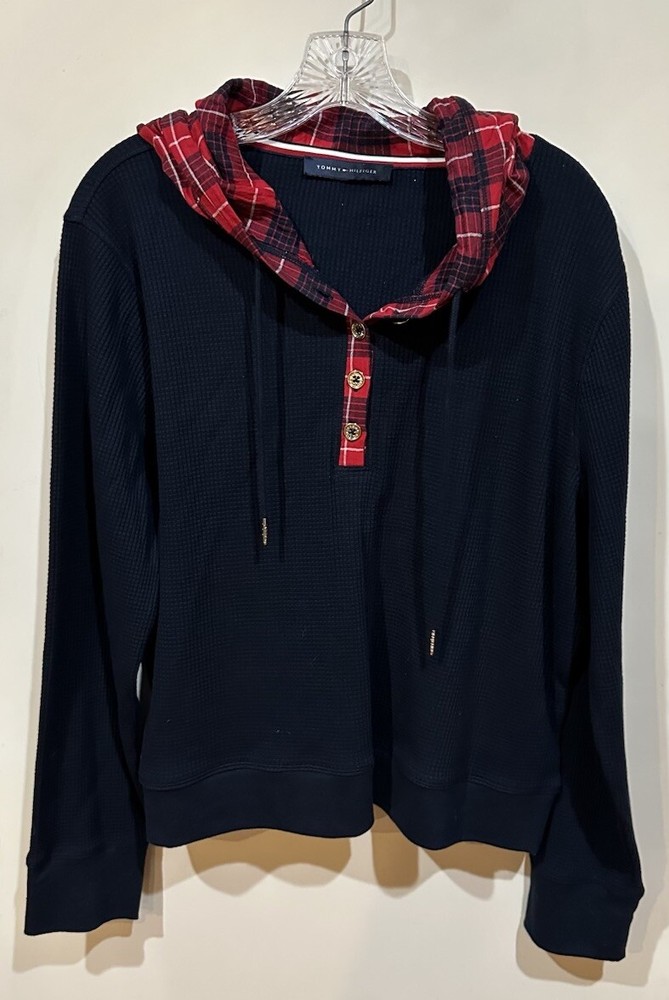 Tommy Hilfiger Womens XL Sky Captain Navy Plaid Mixed Media Waffle Hoodie