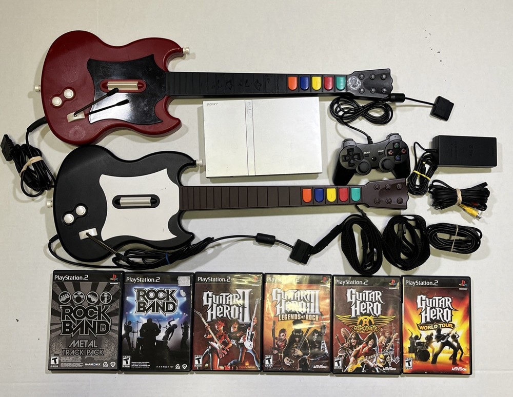 SONY PlayStation 2 PS2 Console Bundle with Guitar Hero Games, Guitars & Memory Card