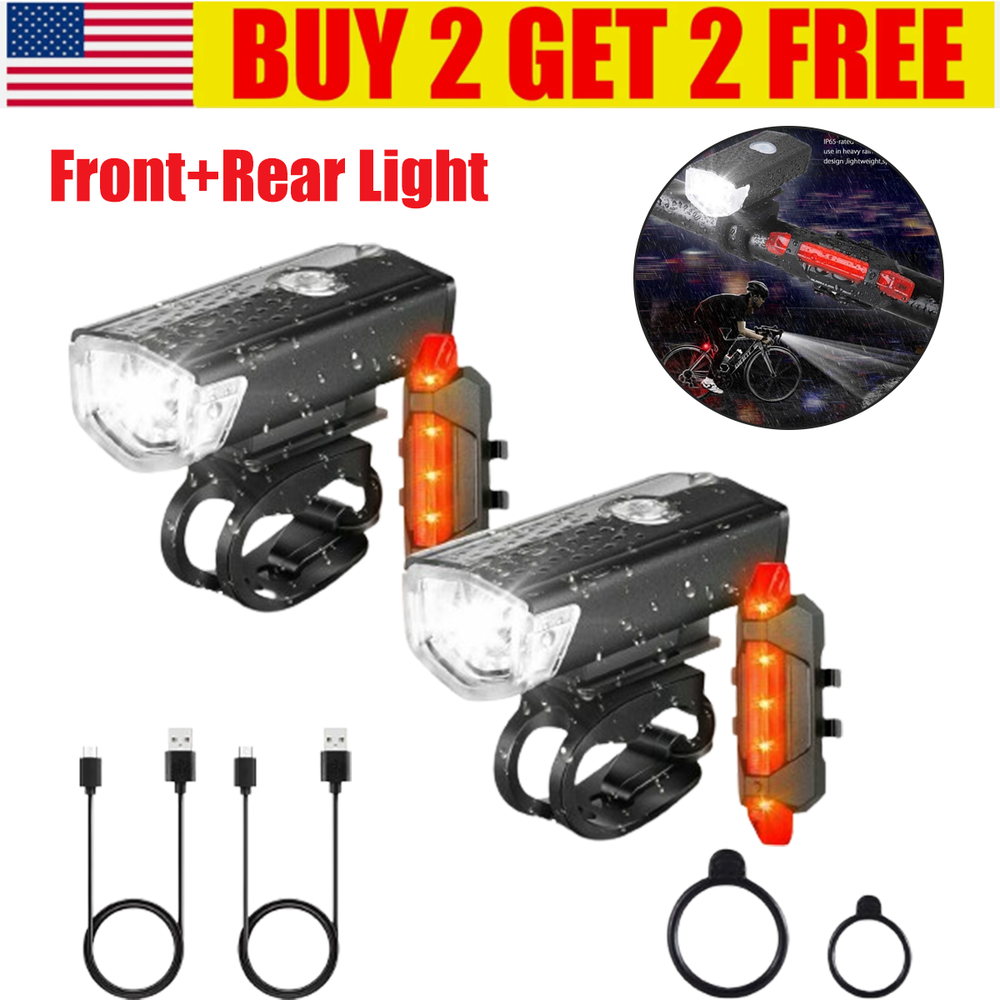 2 Set USB Rechargeable LED Bicycle Headlight Bike Front Rear Light Cycling Lamp