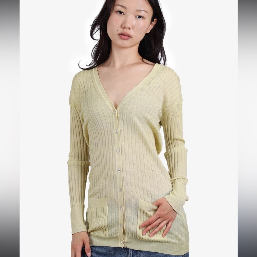 BURBERRY PRORSUM YELLOW VIRGIN WOOL RIBBED CARDIGAN SIZE L