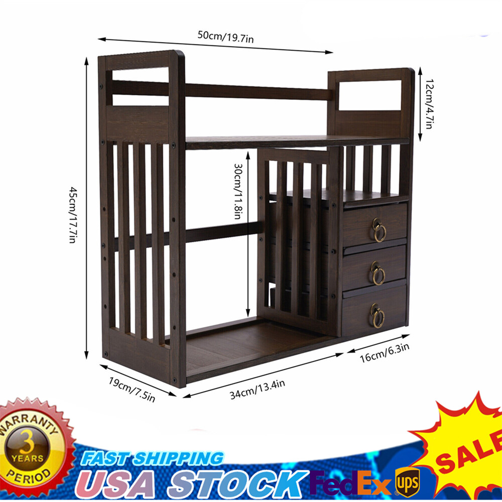 Bamboo Bookshelf Desktop Organizer Desk Rack Storage Shelves w/3 Drawers Office