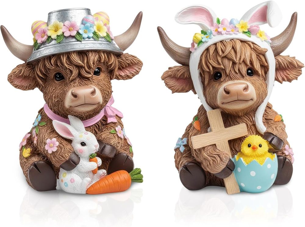 2 Pcs Easter Highland Cow Figurines Spring Decorations, Spring Eggs Bunny Resin