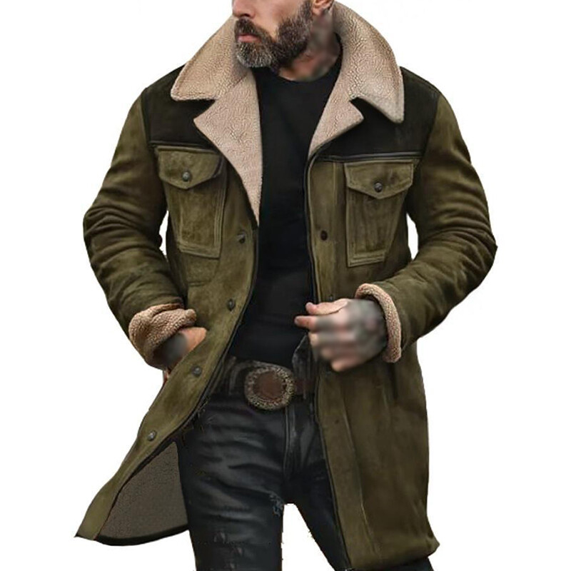 Autumn Winter Men's Coat Faux Suede Match Color Jacket Vintage Multi-pocket Coat