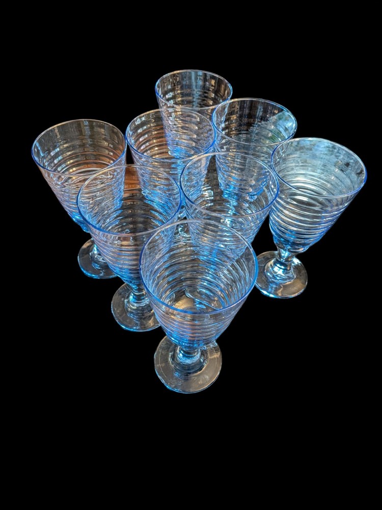 8 VTG Libbey Stemmed Glasses Sirrus Blue Ribbed Goblet 
