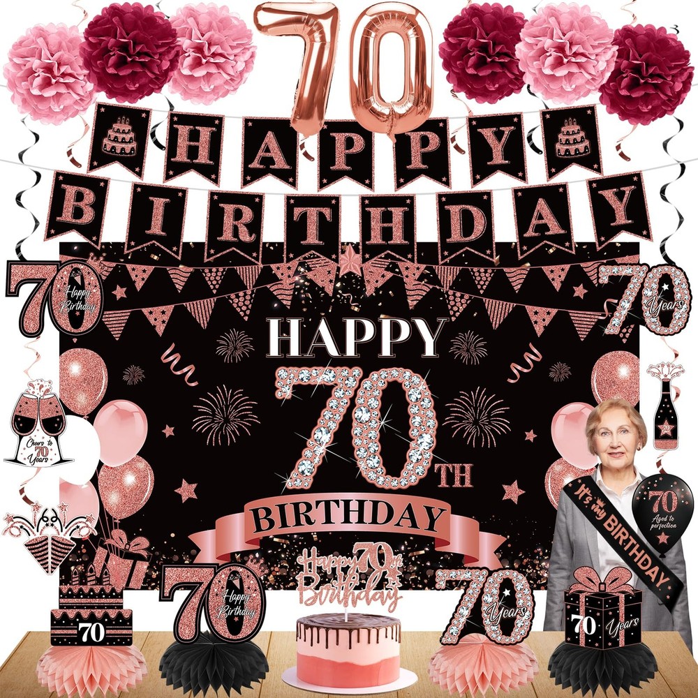 42PCS 70th Birthday Decoration Kit for Women, Rose Gold Happy 70th Bday Banne...