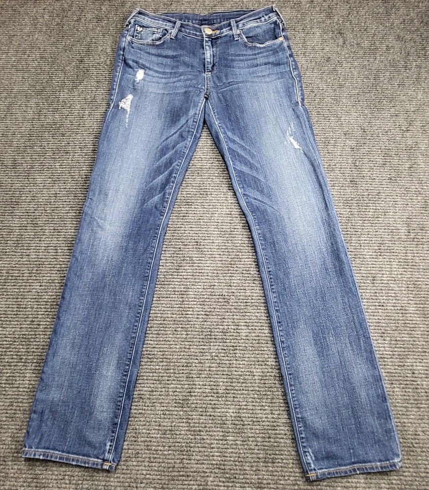 True Religion Womens Cora Mid Rise Distressed Blue Denim Jeans Size 29 Cowgirl Style