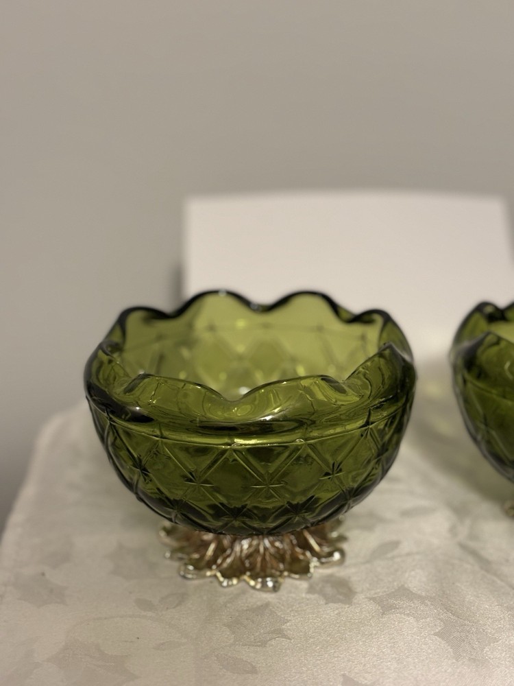Vintage Indiana Green Glass Footed Candy Bowl with Gold Quilted Pattern