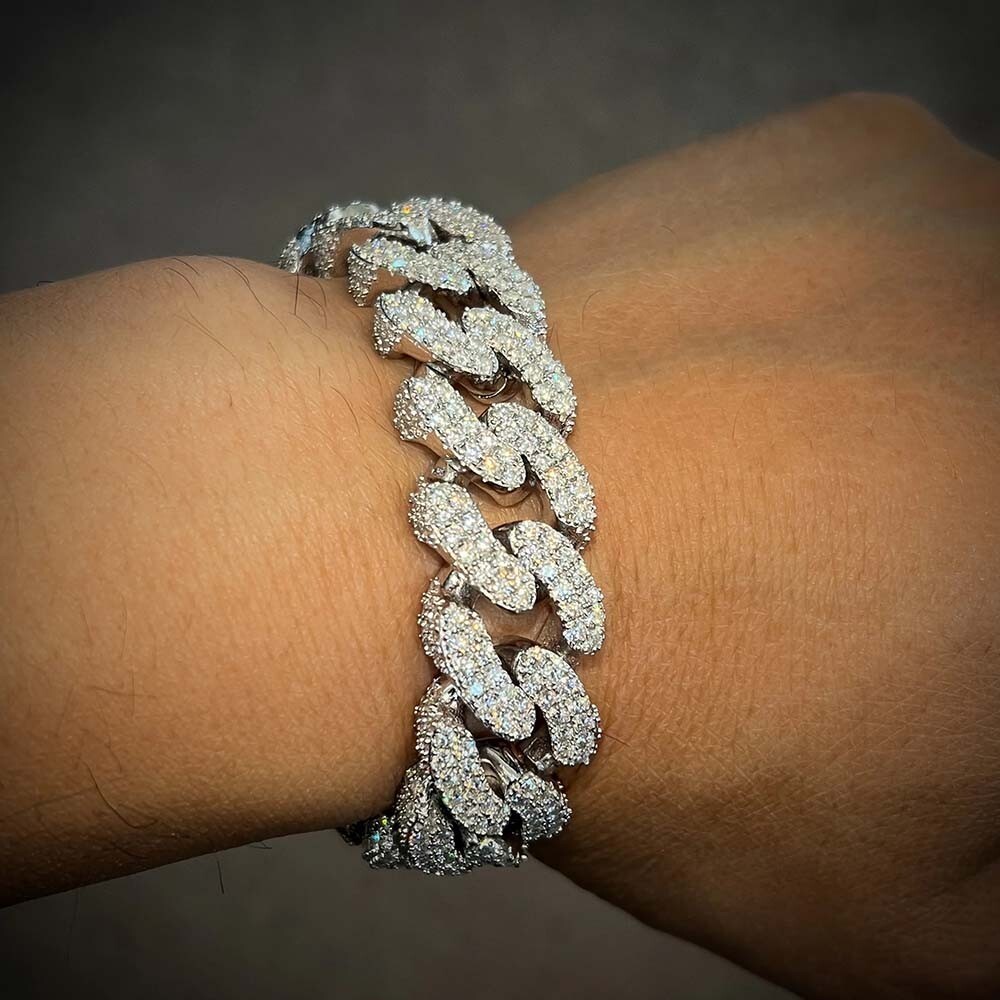 21.75 Ctw Moissanite 14K White Gold Plated Cuban Link 17 MM Men's Bracelets 8.5