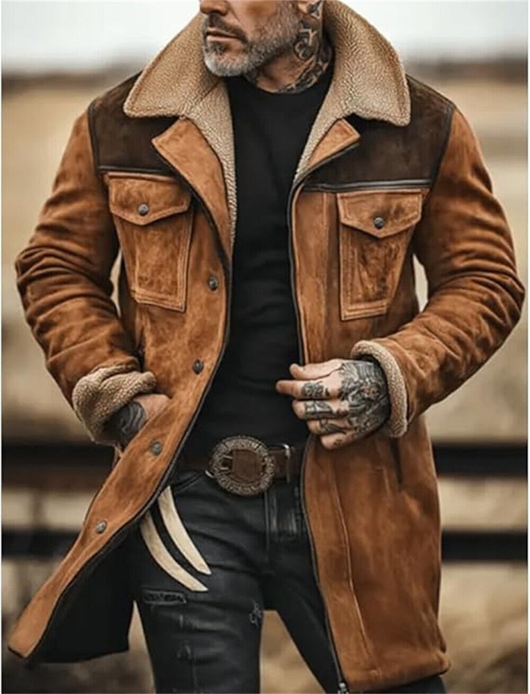 Vintage Faux Suede Plush Collar Mens Retro Outdoor Jacket Coat