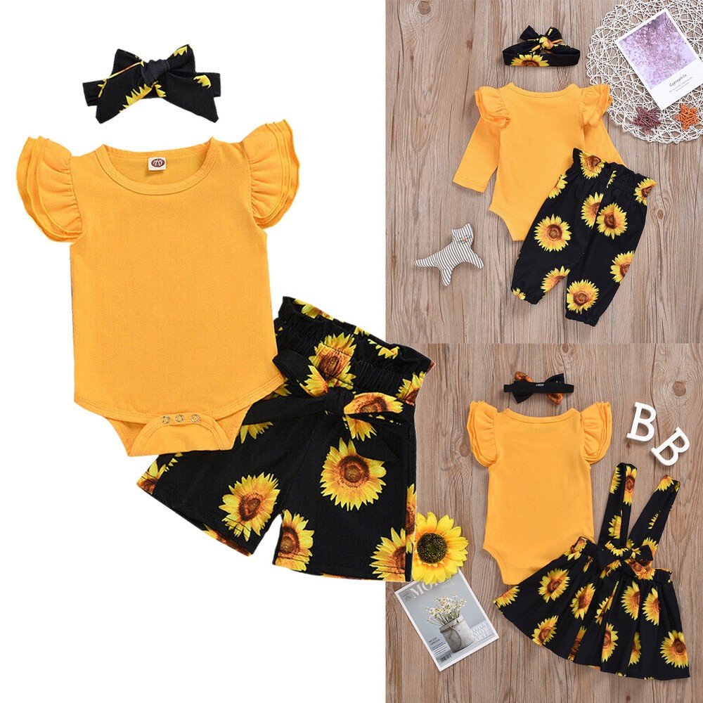 Newborn Baby Girl Clothes Sunflower Romper Bodysuit Tops Shorts Headband Outfits