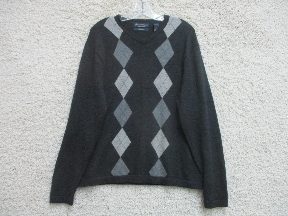 Davis & Squire Sweater Large Gray Pullover Argyle Extra Fine Merino Wool Mens L