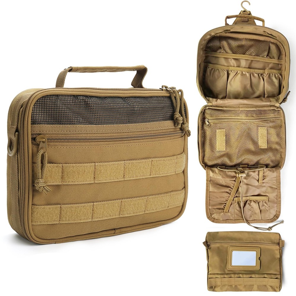 Tactical Toiletry Bag for Men, Travel Hanging Dopp Kit Shaving Hygiene Bag Brown