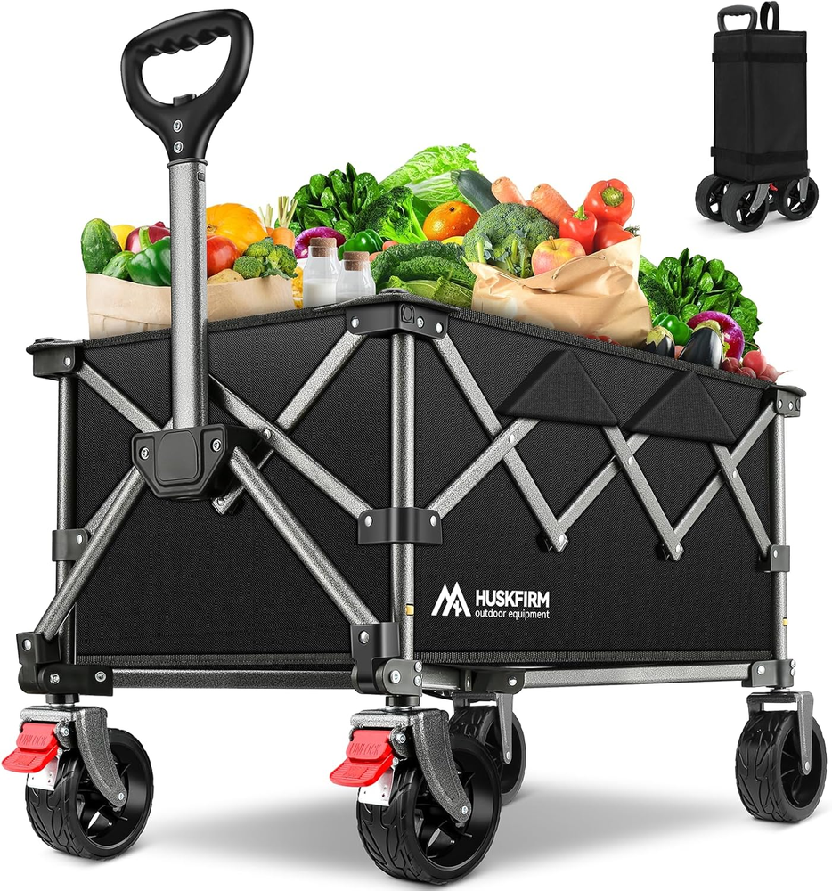 Collapsible Wagon Cart with Wheels Foldable Compact Grocery Wagon Holds 220LBS
