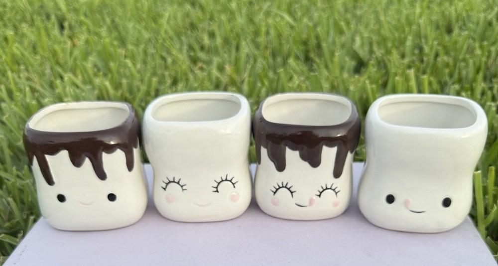 Kawaii Hot Cocoa Mugs Set Of 4 With Marshmallow & Chocolate Design