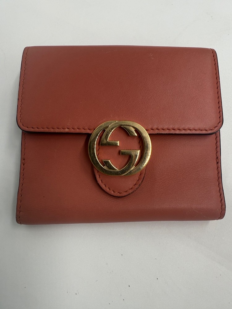 Auth GUCCI Interlocking G Leather Bi-Hold Compact Wallet Pink-Rare-