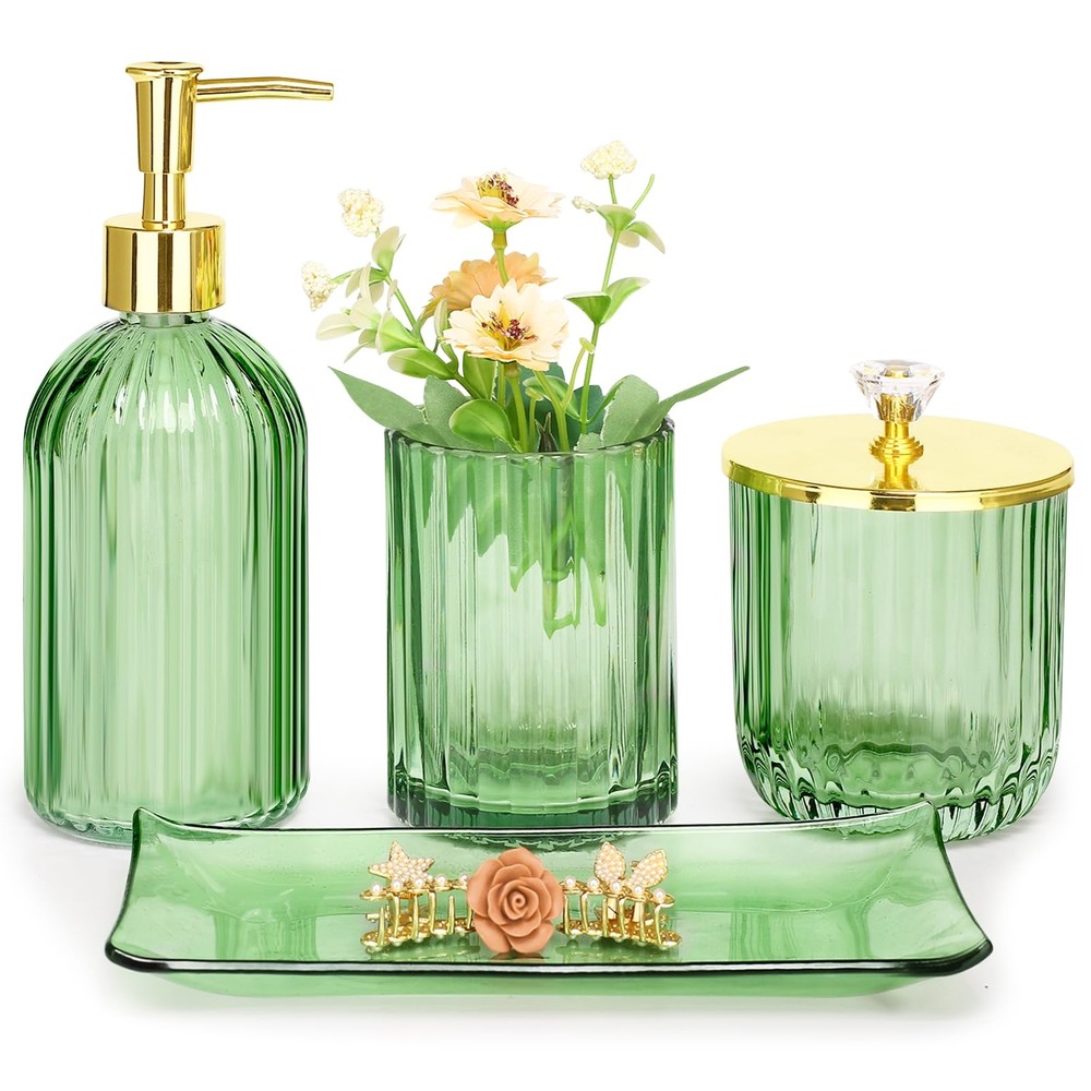 4-Piece Green Glass Bathroom Accessories Set with Soap Dispenser