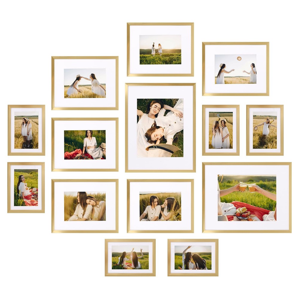 14 Pack Gold Photo Frames with Mats for Multiple Sizes, Elegant Matte Finish