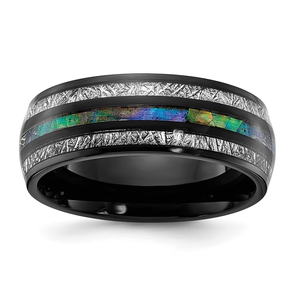 Titanium  Black IP-plated with Abalone and Meteorite Inlay 8mm Band Ring Size 8