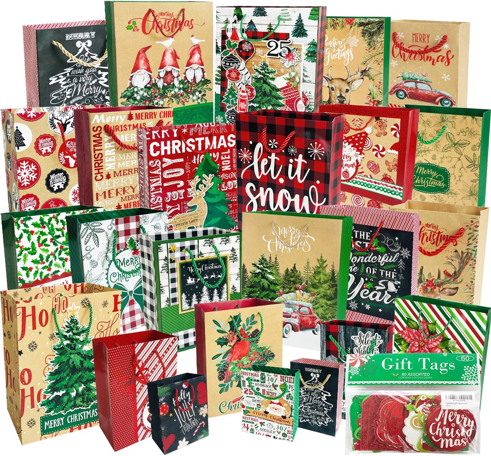 24 Christmas Gift Bags Bulk with Handles & 60 Holiday Gift Tags Set