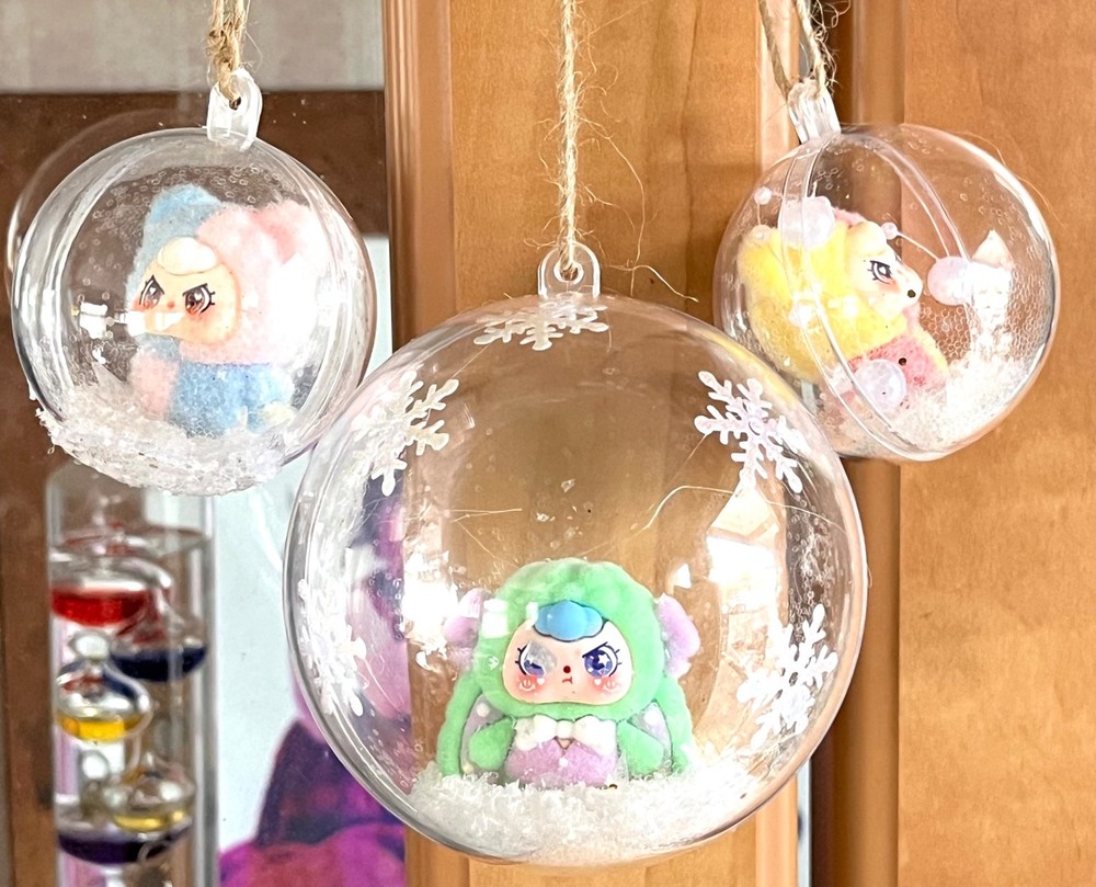 Christmas tree baubles x3 Labubu style monster rabbit  with snow inside  6cms