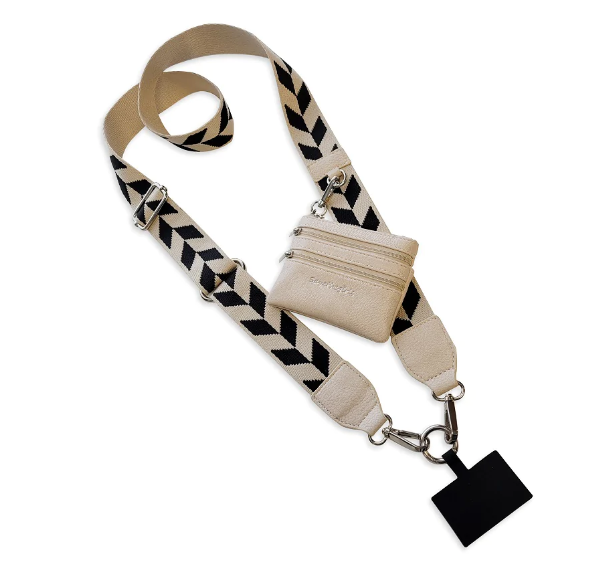 NEW SAVE THE GIRLS BLACK CREAM CHEVRON WITH POUCH CLIP & GO CELL PHONE STRAP