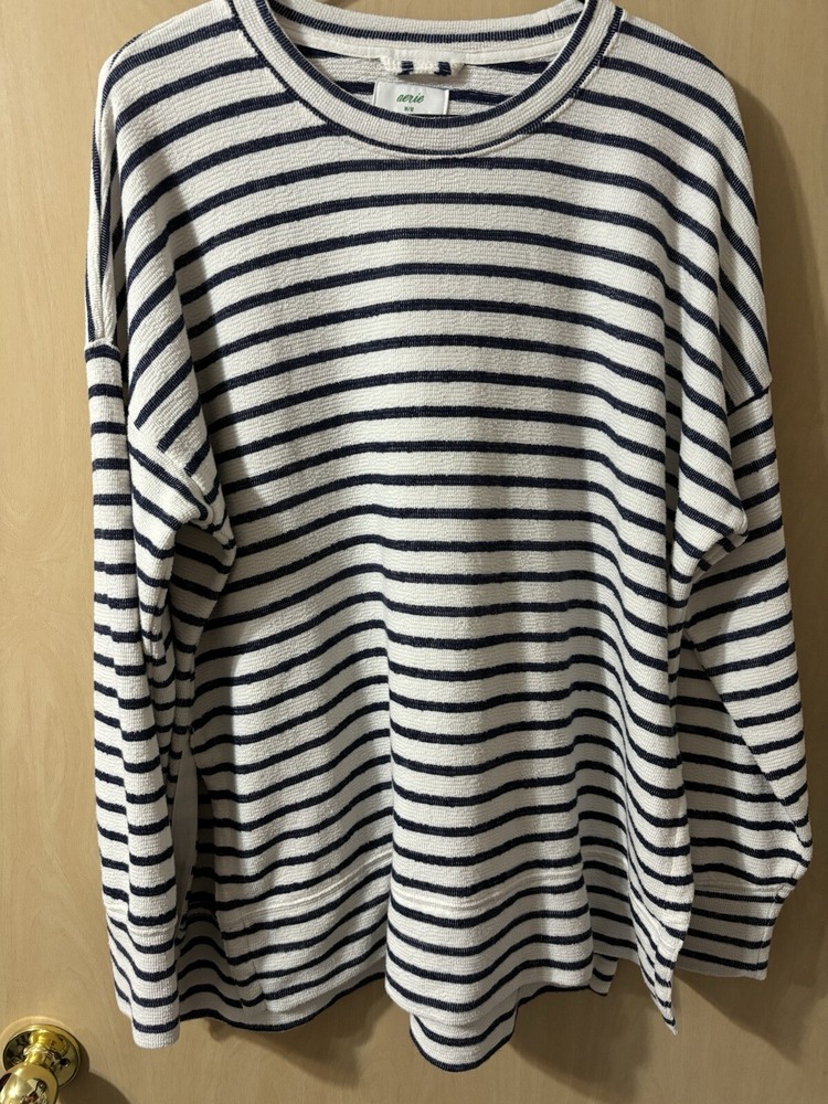 Aerie Striped Terry Crew Neck Long Sleeve Pullover Beachy Women’s Size Medium