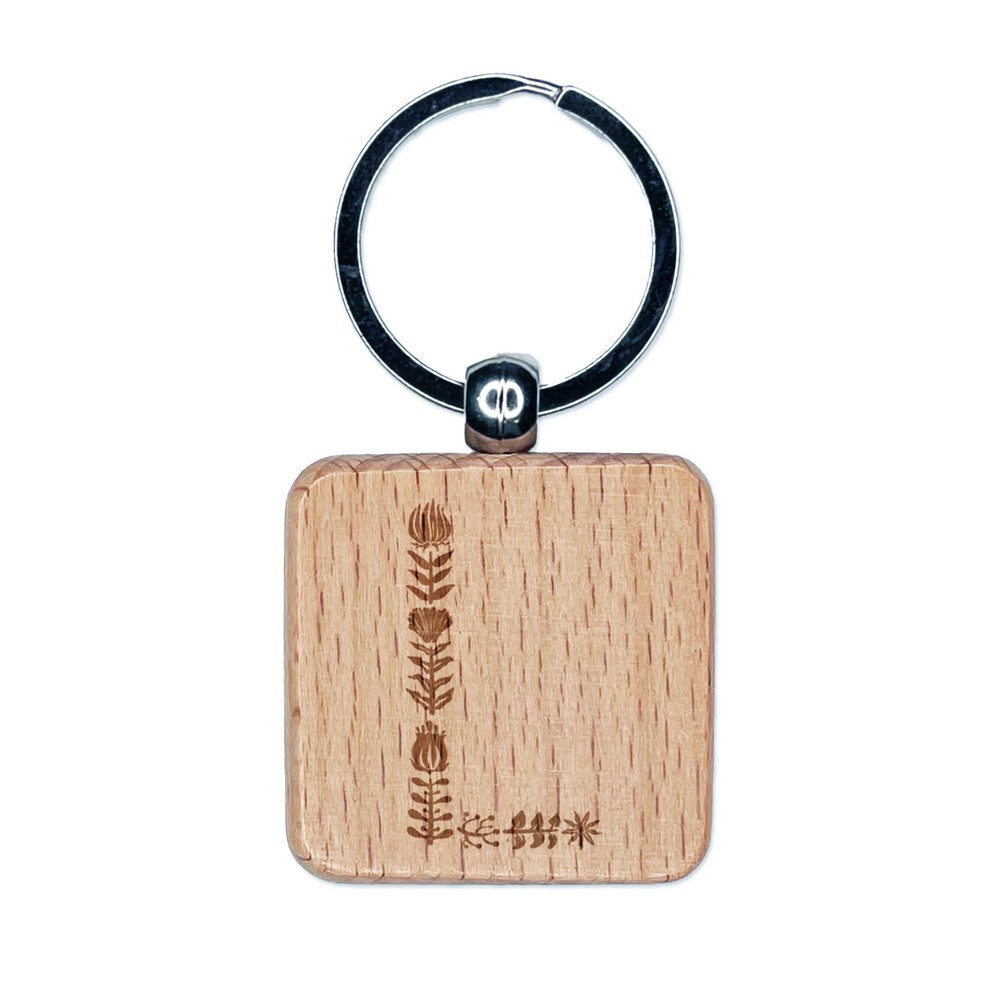 Elegant Botanical Floral Letter L Engraved Wood Square Keychain Tag Charm