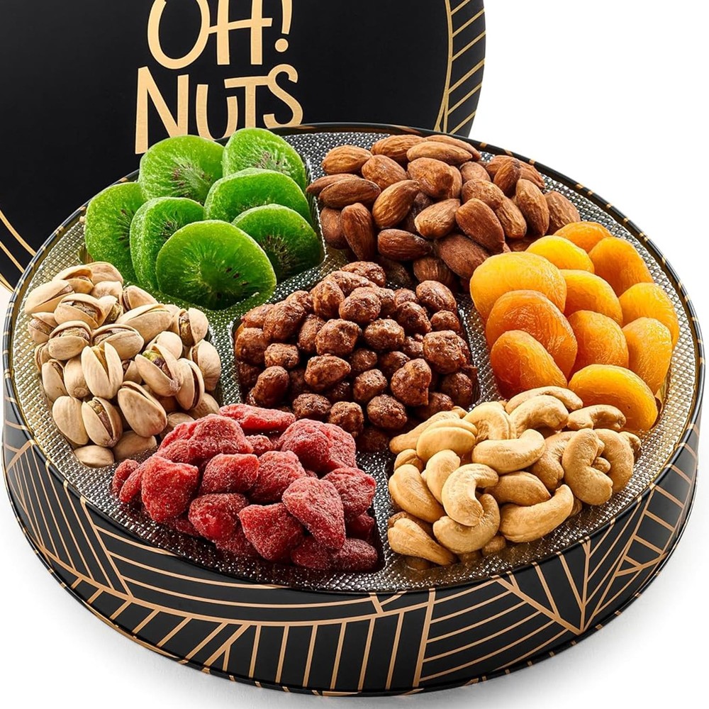 Premium Dried Fruit & Nuts Gift Basket in Round Tin for Special Occasions
