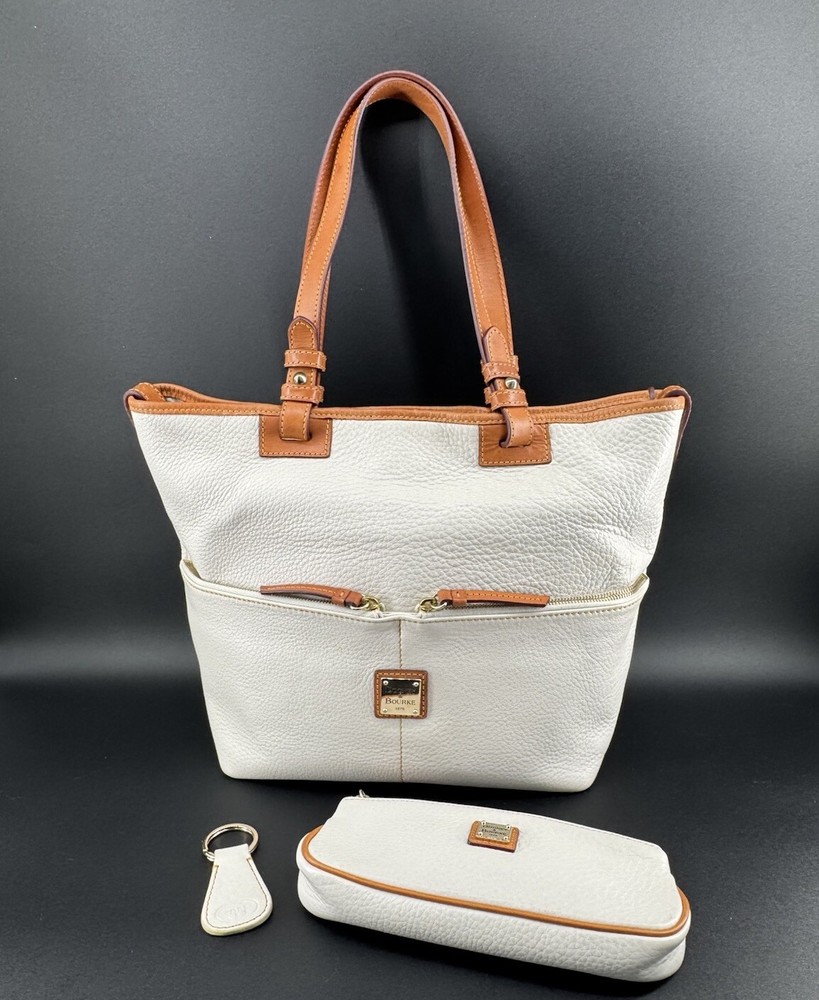 Dooney And Bourke Ivory Pebbled Leather Tote with Pouch and Key Fob