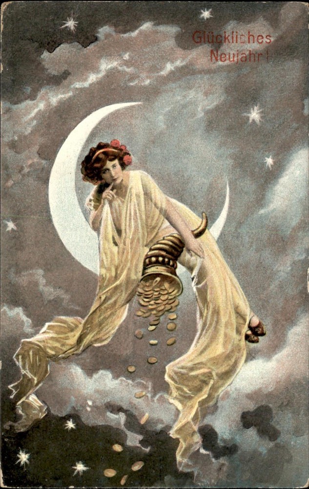 New Years Woman Crescent Moon Coins Jan 1 1909 Cancel Vintage Postcard-image