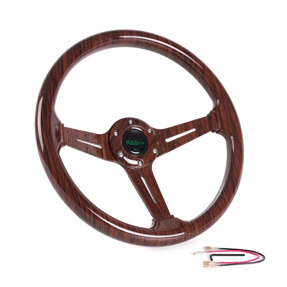 14INCH Universal Racing Deep Dish Steering Wheel Dark Wood Grain Drifting 6 Bolt