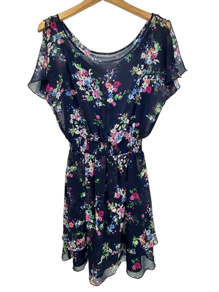 Express Mini Dress Sz M Navy Floral Chiffon Lined Dress Wedding Chic Spring