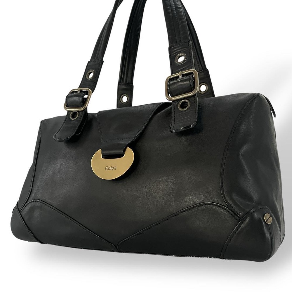 Chloe Mini Boston Shoulder Bag in Black Leather with Logo Engraved Flap