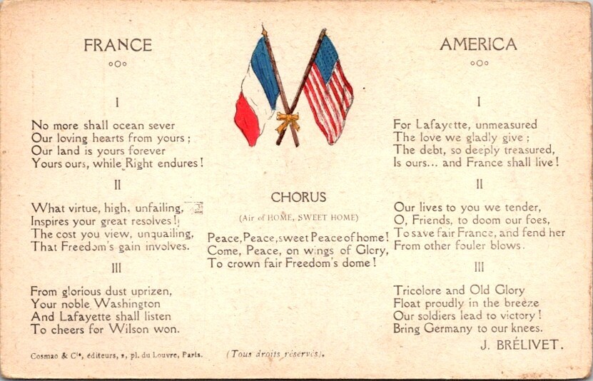 Vintage French and American Flags Postcard with Poems and Songs 16230