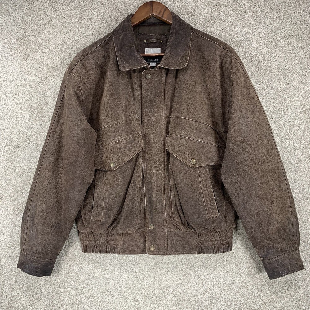 VTG American Weekend Leather Bomber Flight Jacket Pockets Sz S Brown *wear*