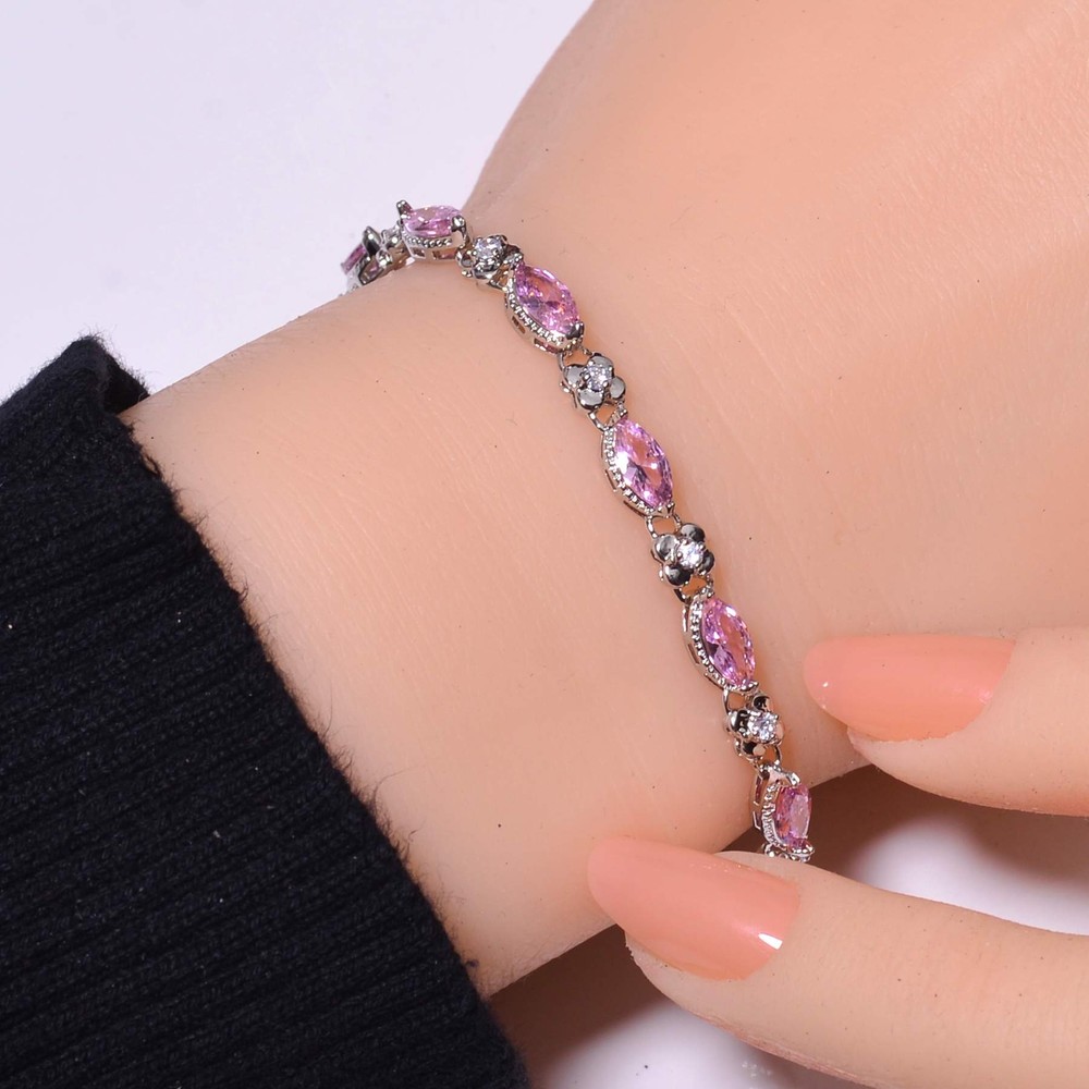 Pink Sapphire & CZ Simulated 925 Sterling Silver Tennis Bracelet 7.99