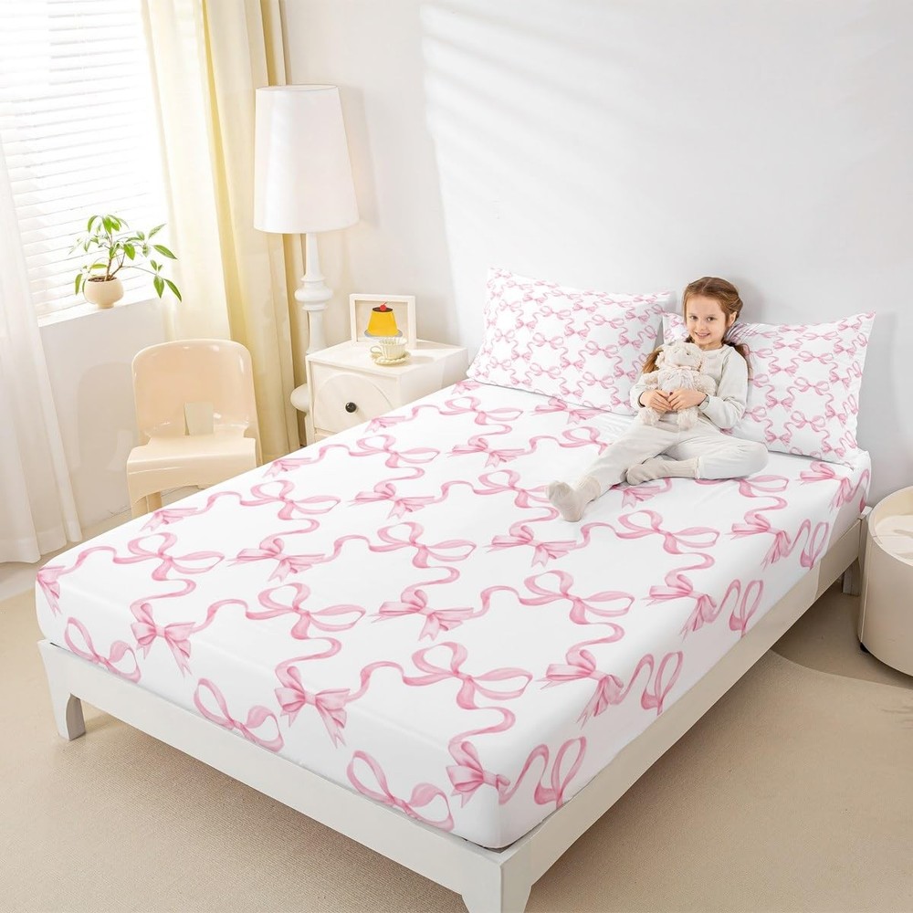 Pink Princess Bowknot Bedding Set with Watercolor Print - 1 Fitted Sheet & 2 Pillowcases