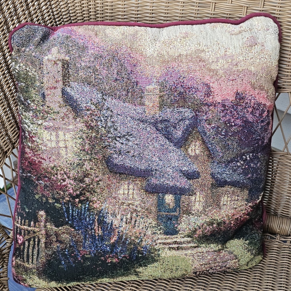 Vintage Thomas Kinkade Throw Toss Pillow Tapestry Scene Cottage Garden 16x15