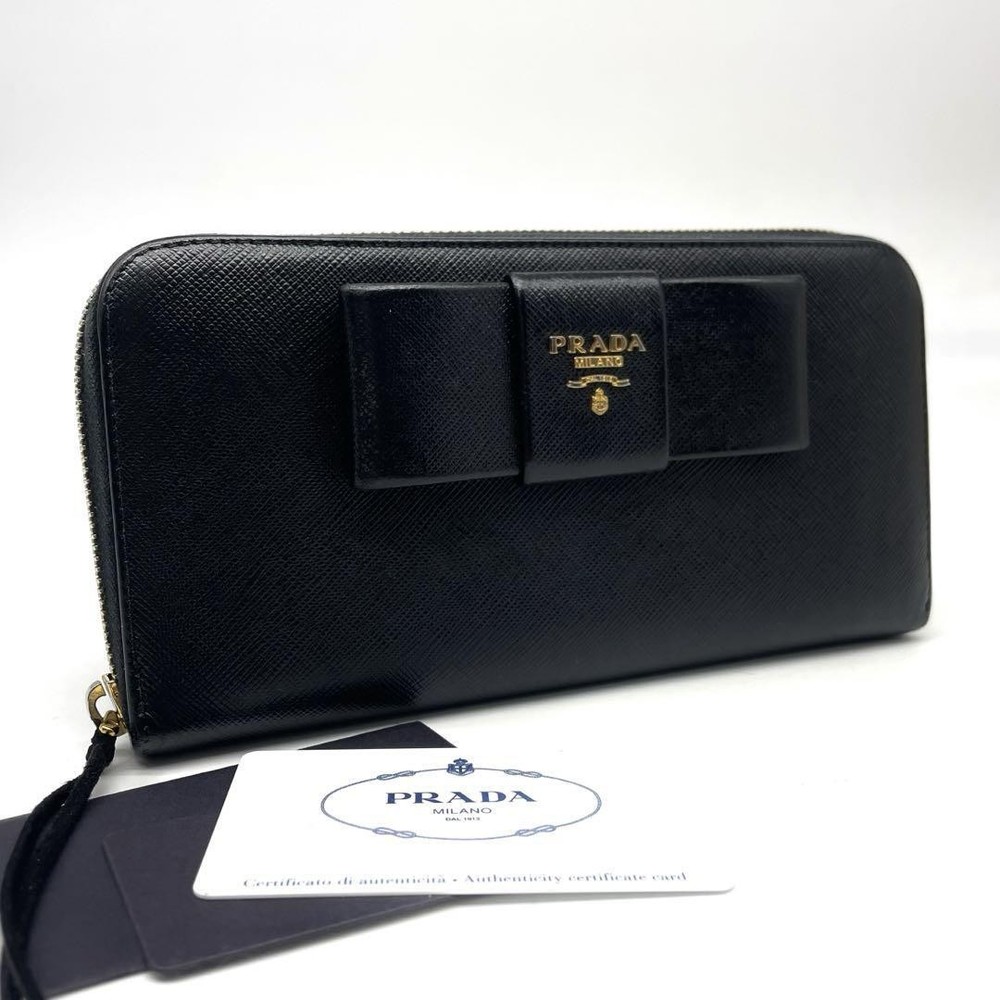 Prada Saffiano Ribbon Round Zip Long Wallet in Black