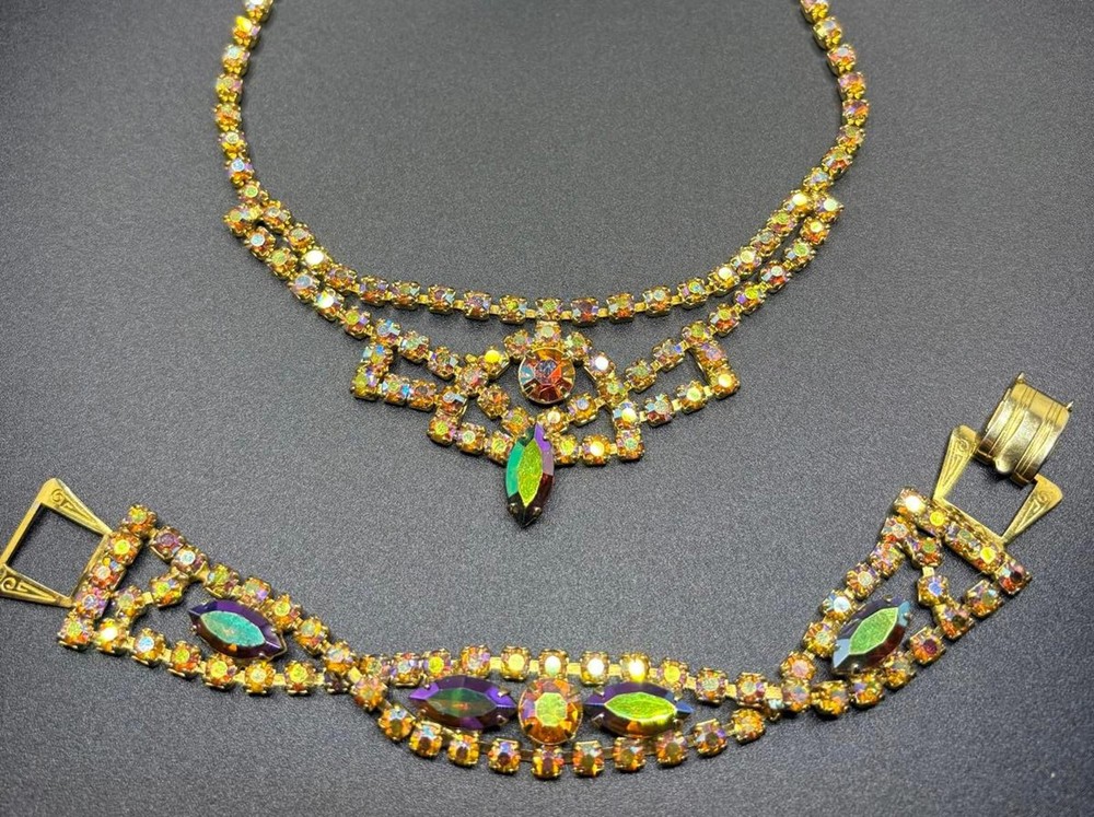 Vintage AB and Topaz Rhinestone Necklace and Bracelet SET