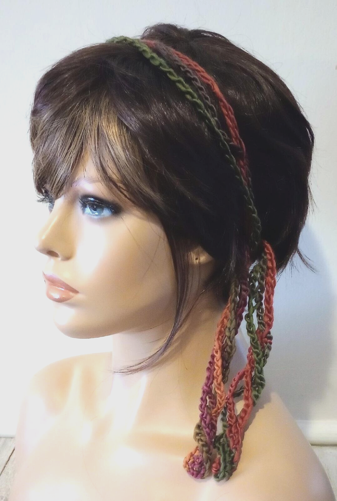 crochet womans handmade  gypsy headband hair scarf boho tie autumn mix USA made
