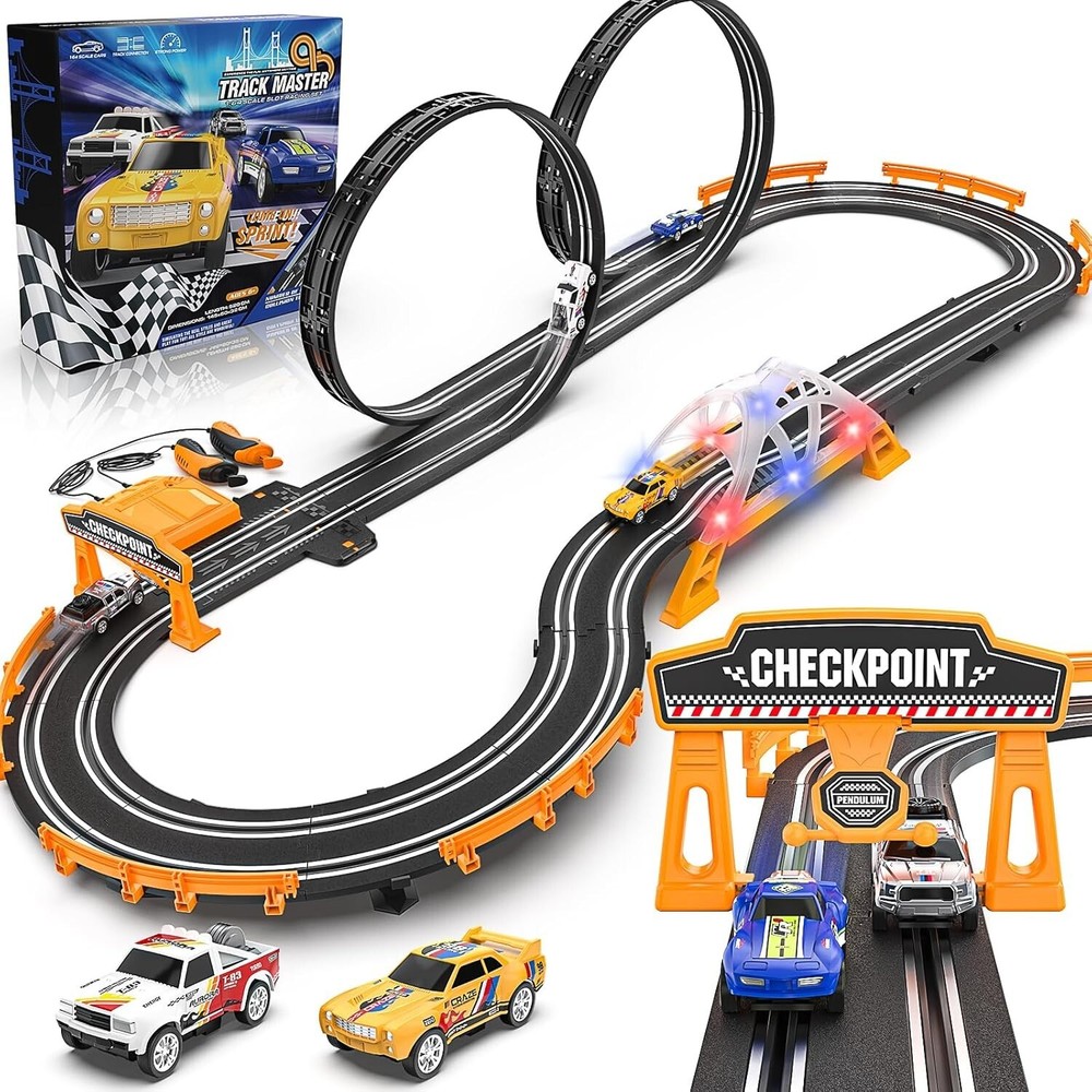 Electric Slot Car Race Track Set w/ 4 Cars 2 Remotes Lap Counter Age 8 - 12 Boys