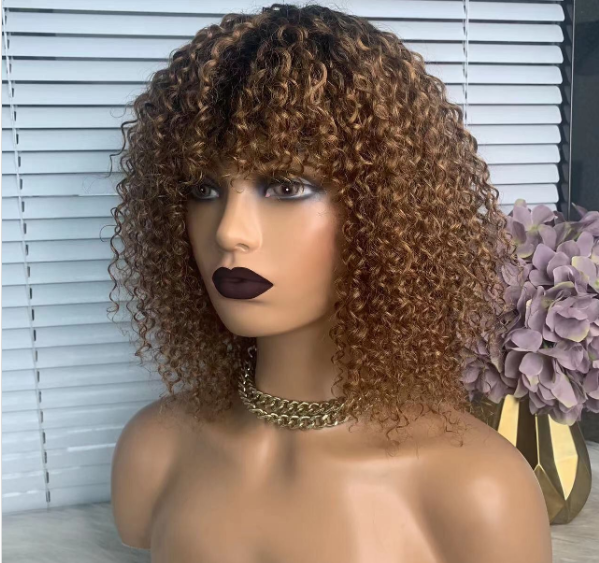 Short Curly Ombre Brown Brazilian Human Hair Wig with Bangs No Lace Glueless Wig