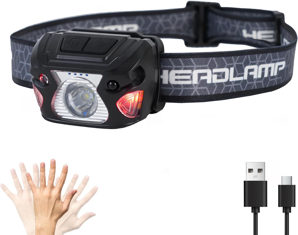 Outdoor Head Lamp, Rechargeable Type-C, 6Modes, 1000+ Lumens, IPX5 Waterproof Fl