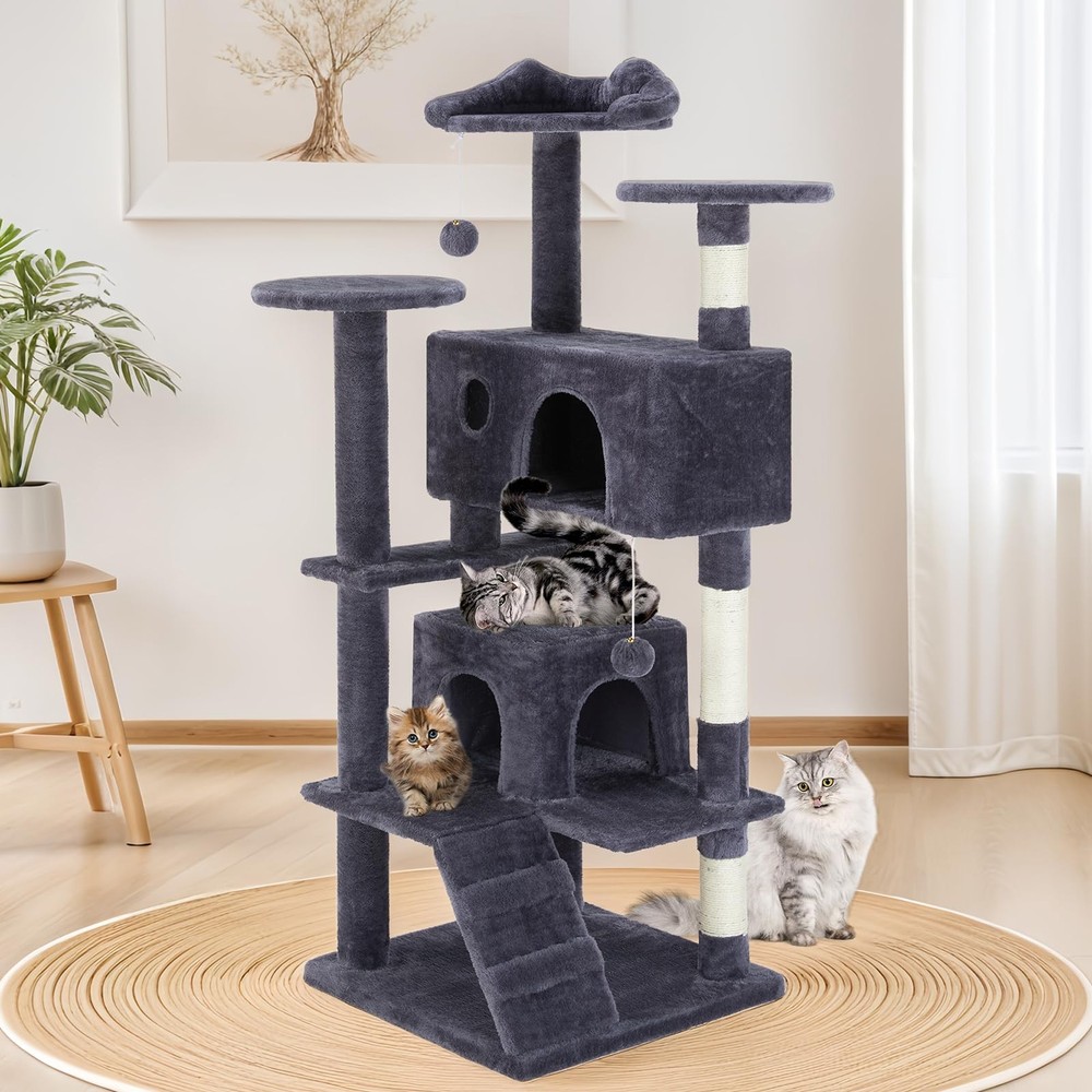 54-Inch Multi-Level Cat Tree Tower with Condo for Kittens in Gray