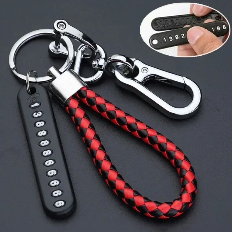 Anti-lost Phone Number Plate Pendant Car Keyring Keychain Braided Leather Metal