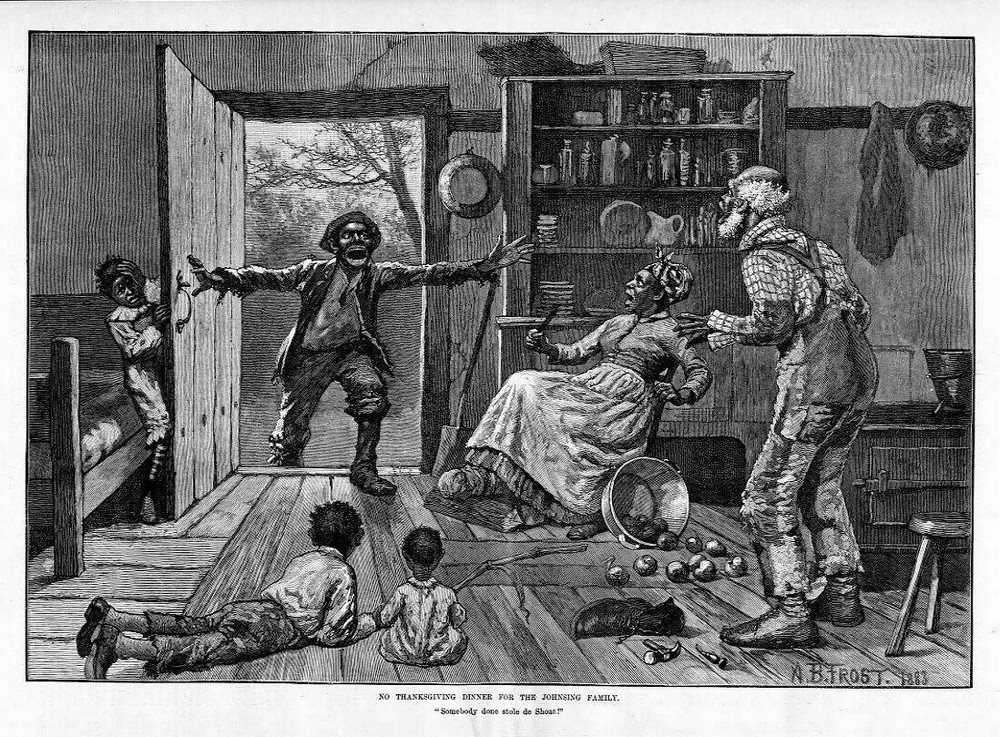 NEGROES PREPARING FOR THANKSGIVING DINNER BY A. B. FROST, MOTHER, FATHER, KIDS