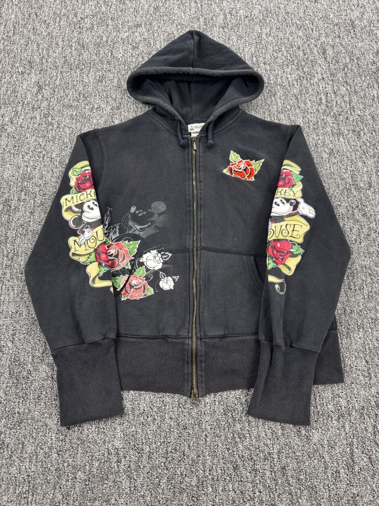 Disney Hoodie Women XL Mickey Mouse Rose Tattoo Full Zip Ed Hardy Sweatshirt Vtg