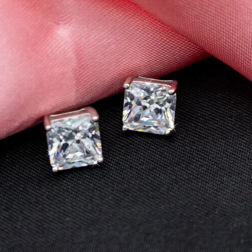 2Ct Princess Simulated Diamond Solitary Stud Earrings 925 White Sterling Silver